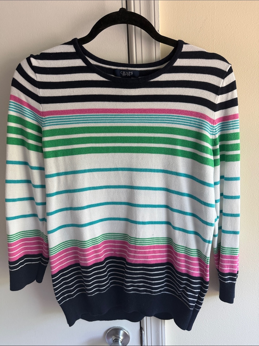 Chaps Women's Navy, White, Green & Pink Striped Crewneck Sweater